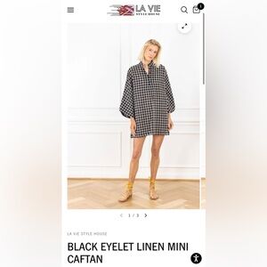 La Vie Black Eyelet Linen Mini Caftan Dress